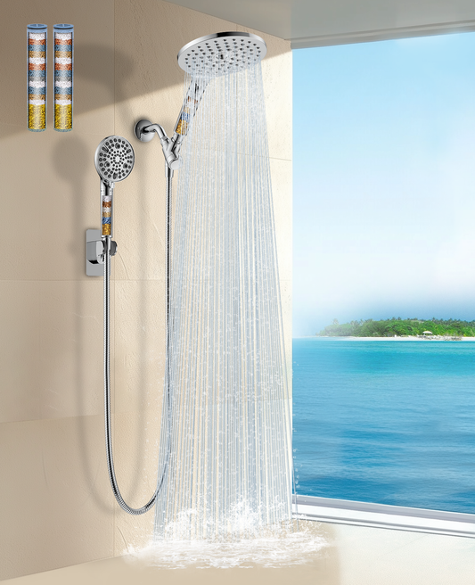 Dual Filtered Shower Heads Combo, High Pressure Rain Shower Head with Handheld Spray Built-in Power Wash, Dual Handheld Shower Head for Hard Water, Remove Chlorine for Healthier Skin, Hair- Chrome
